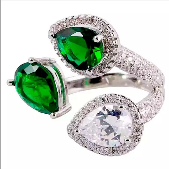 STERLING SILVER EMERALD LEAF GREEN WHITE CUBIC ZIRCONIA ADJUSTABLE SIZE RING - Picture 5 of 5